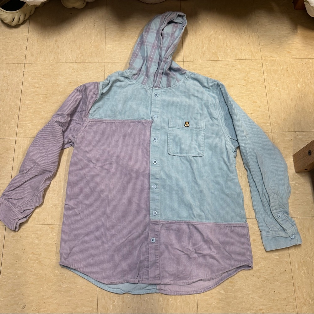 Authentic Teddy Fresh Hooded Corduroy Color block Flannel Jacket